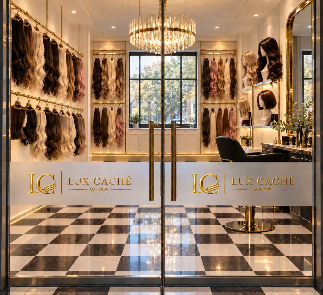 Concept for the Lux Cache Wigs glass front fitting room with wig displays, gold chandelier and client chair