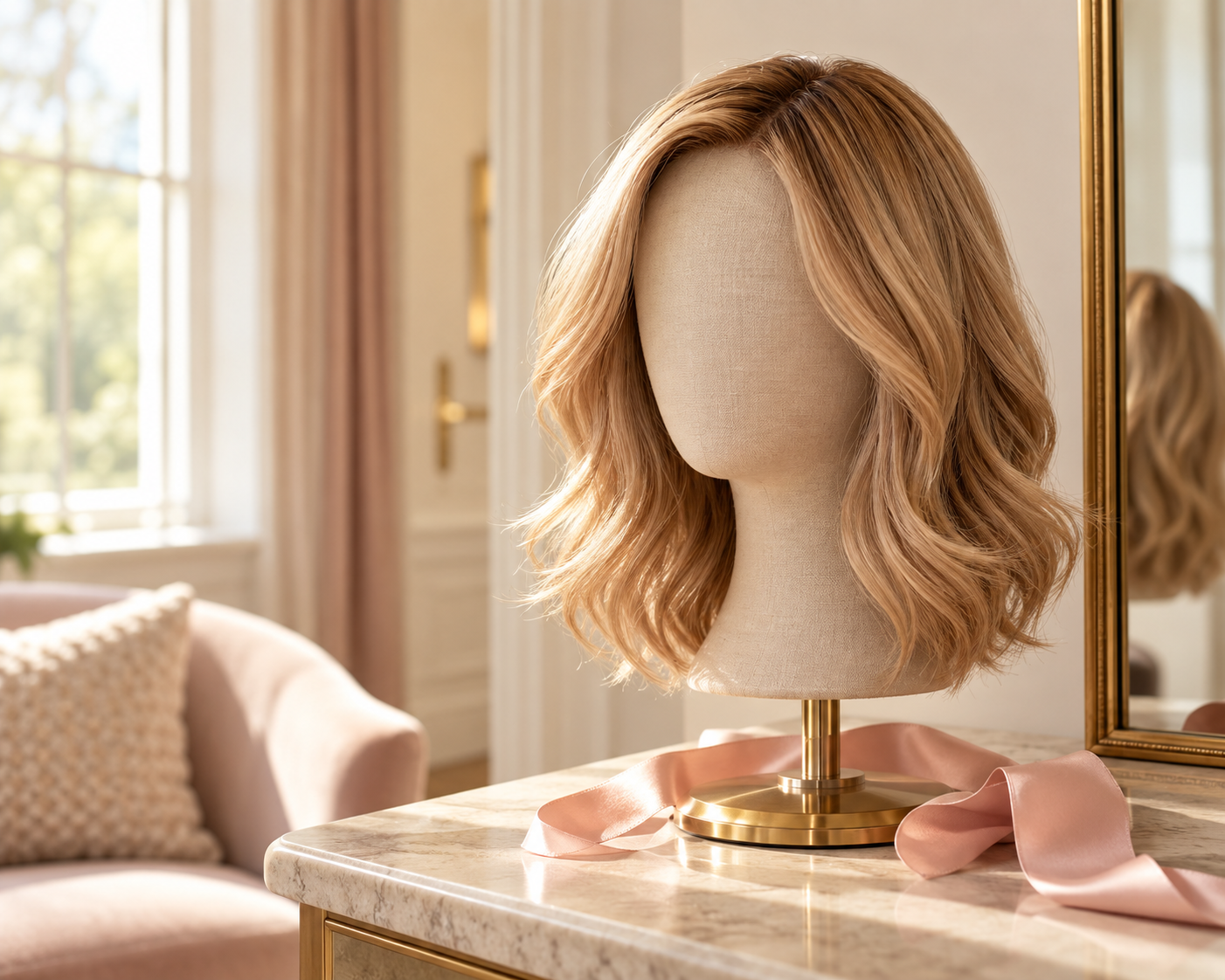 A softly styled human hair wig in a welcoming fitting room